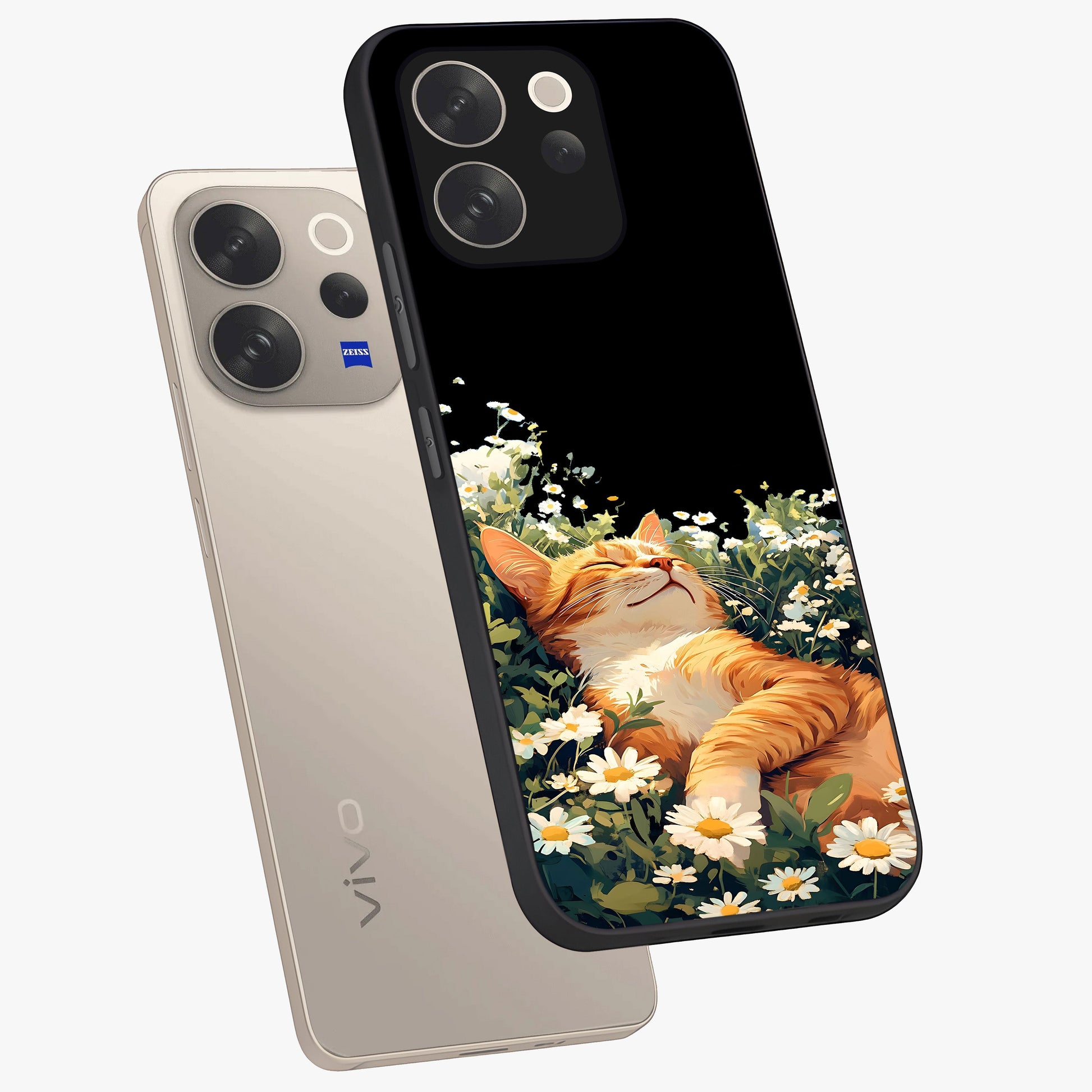 Blissful Bloom Cat Glass Case displayed in angled mockup highlighting playful feline illustration with soft floral aesthetic.