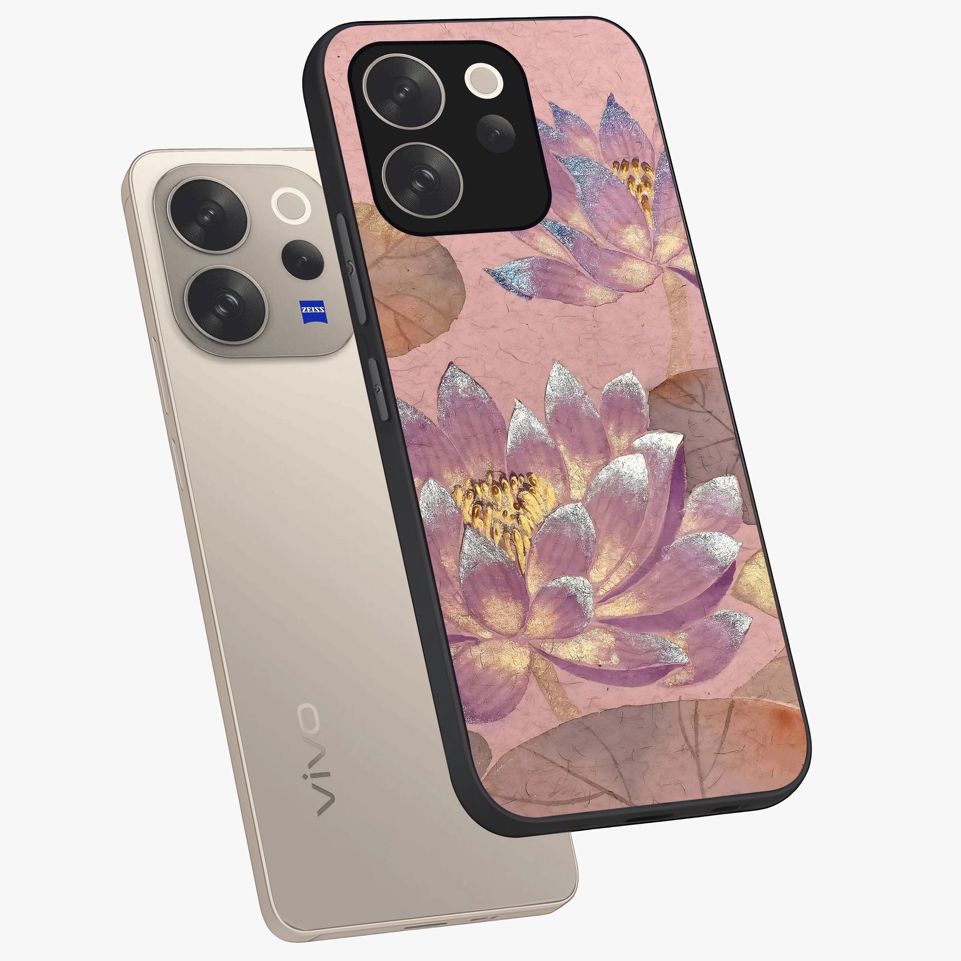 Blossom Mist Lotus Glass Case displayed in angled mockup highlighting delicate lotus illustration with calm aesthetic theme.