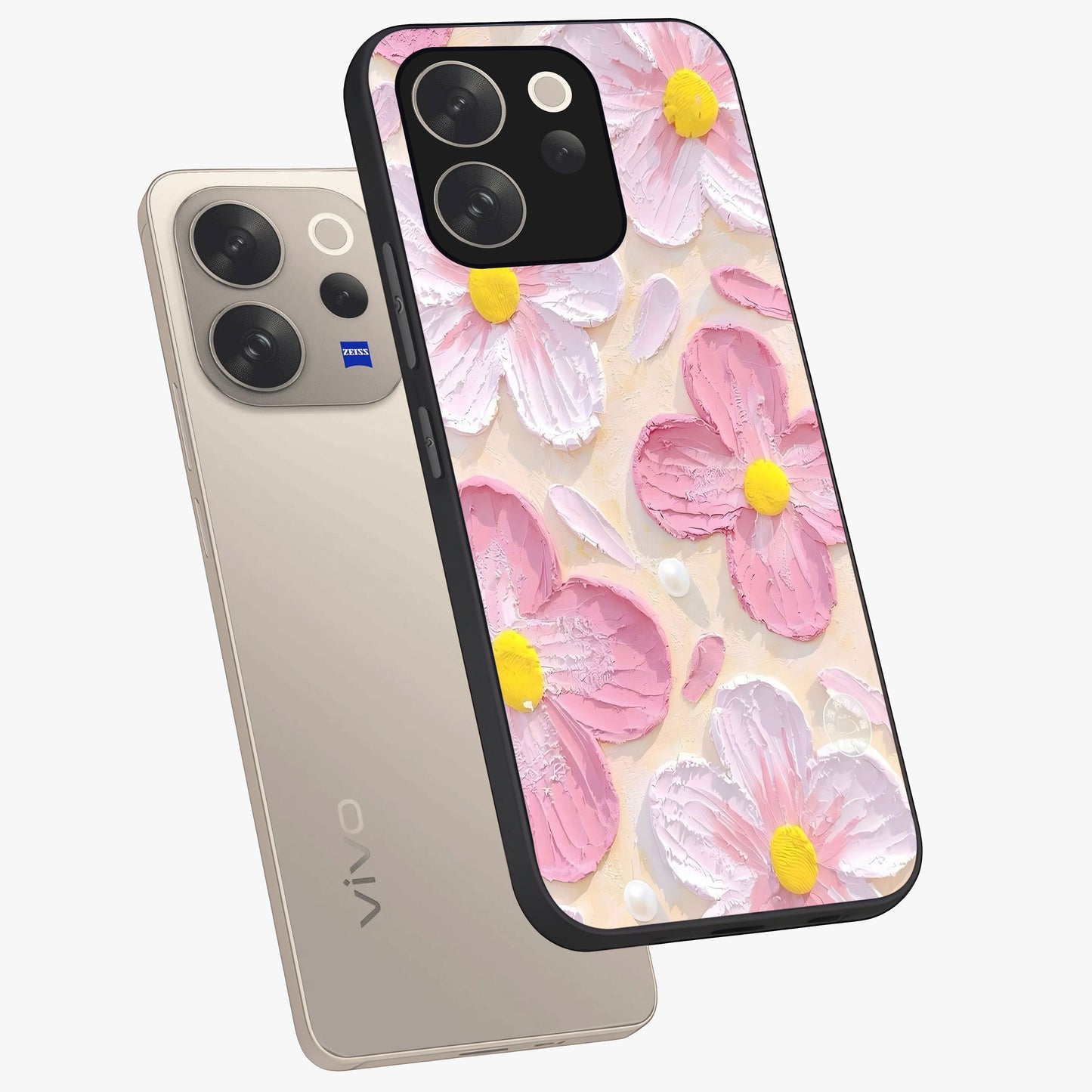 Blush Bloom Texture Glass Case displayed in angled mockup highlighting subtle bloom pattern with aesthetic pastel design.