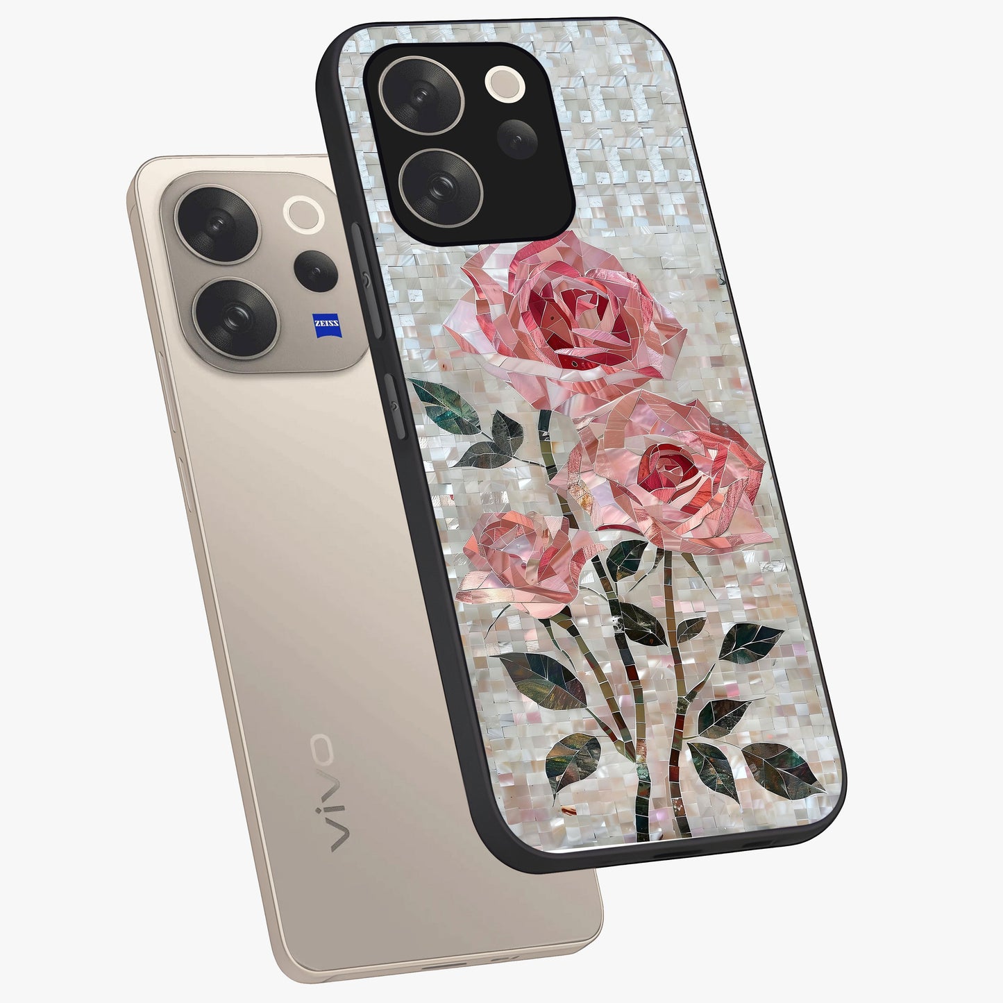 Blush Mosaic Bloom Glass Case displayed in angled mockup highlighting artistic mosaic flower pattern with aesthetic design.