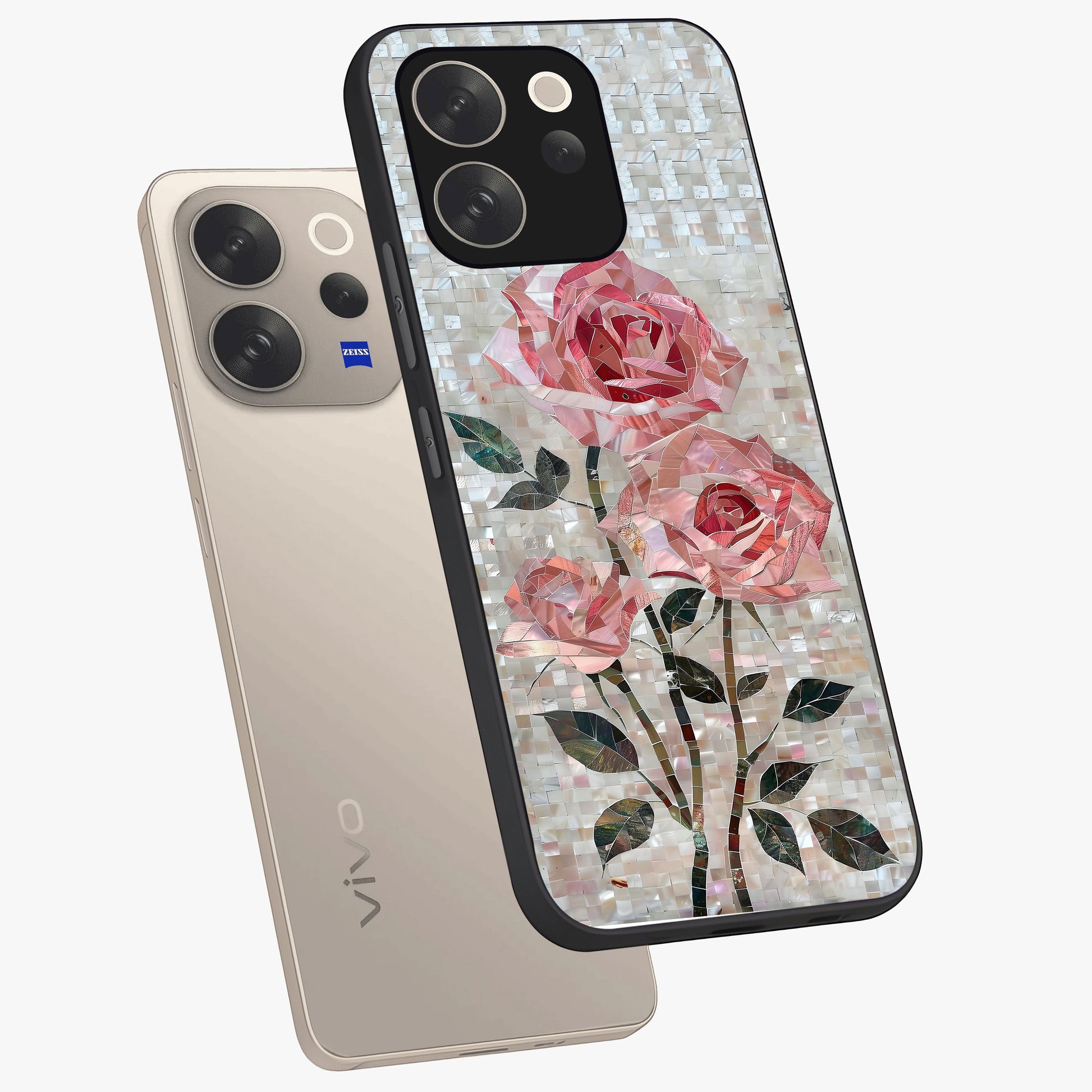 Blush Mosaic Bloom Glass Case displayed in angled mockup highlighting artistic mosaic flower pattern with aesthetic design.