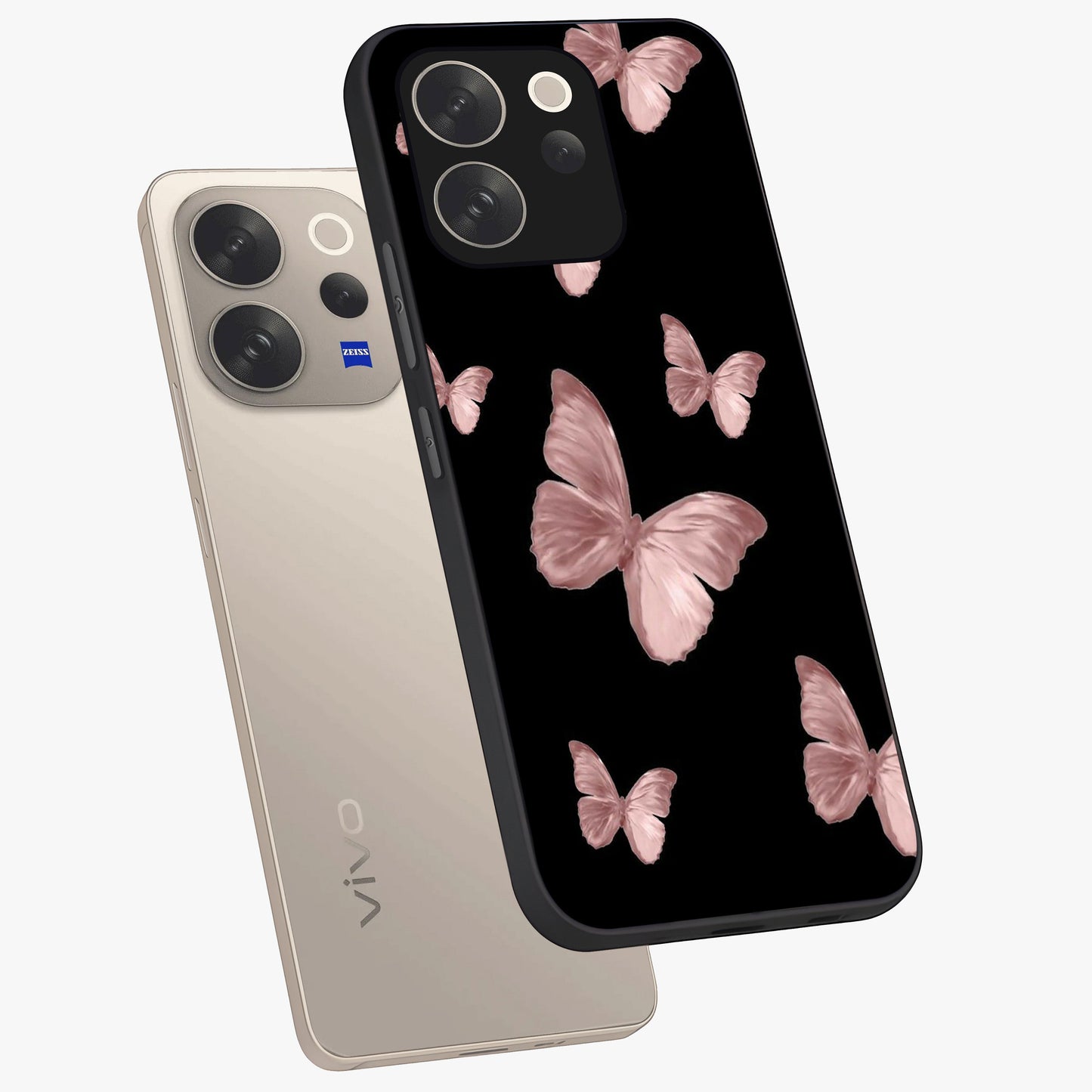 Butterfly Pattern Glass Case displayed in angled mockup highlighting delicate butterfly design and aesthetic pattern style.