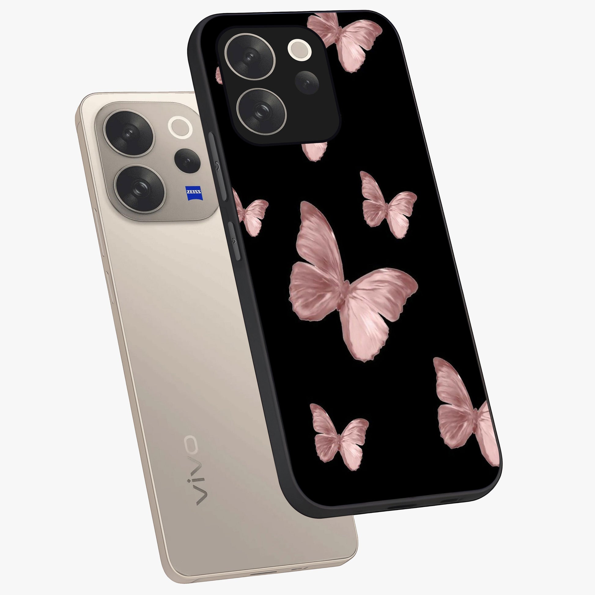 Butterfly Pattern Glass Case displayed in angled mockup highlighting delicate butterfly design and aesthetic pattern style.