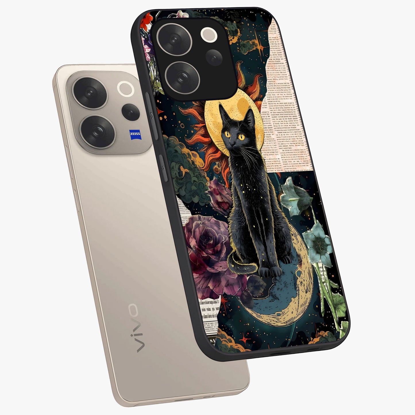 Celestial Black Cat Glass Case displayed in angled mockup highlighting cosmic black cat design with celestial aesthetic.