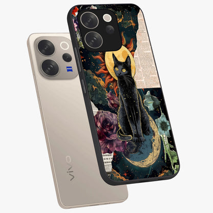 Celestial Black Cat Glass Case displayed in angled mockup highlighting cosmic black cat design with celestial aesthetic.