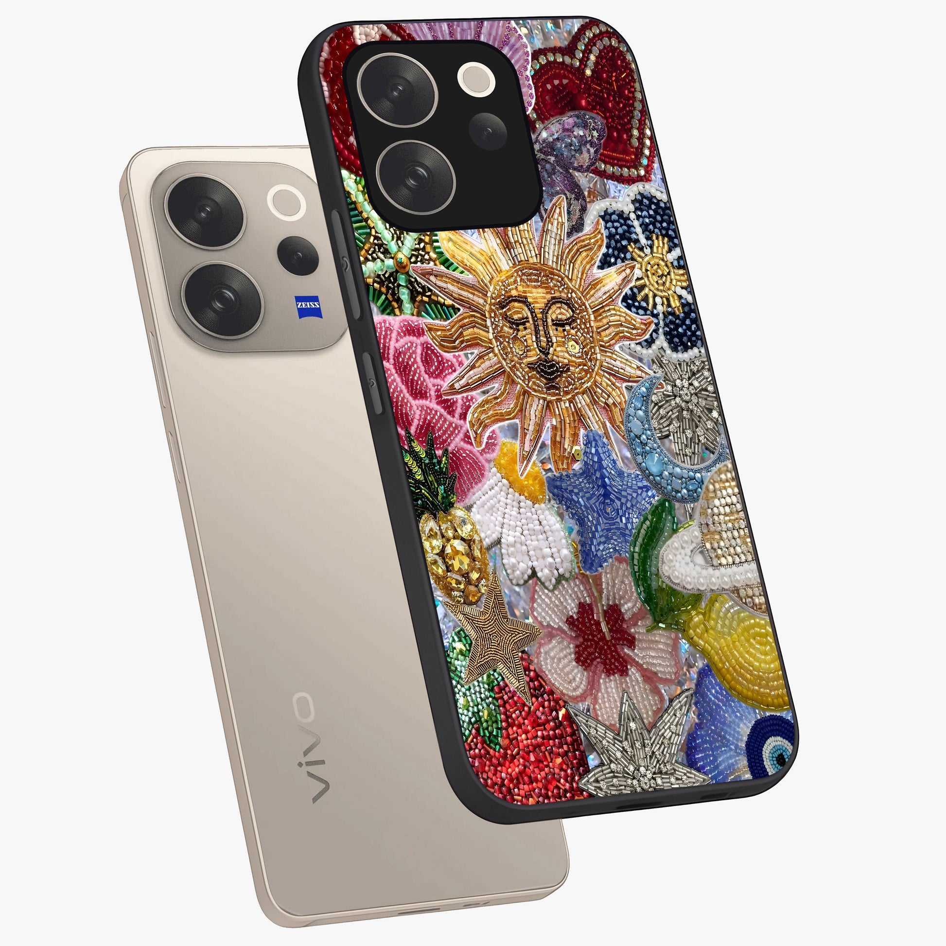 Celestial Floral and Playful Glass Case displayed in angled mockup highlighting playful floral design with dreamy celestial elements.