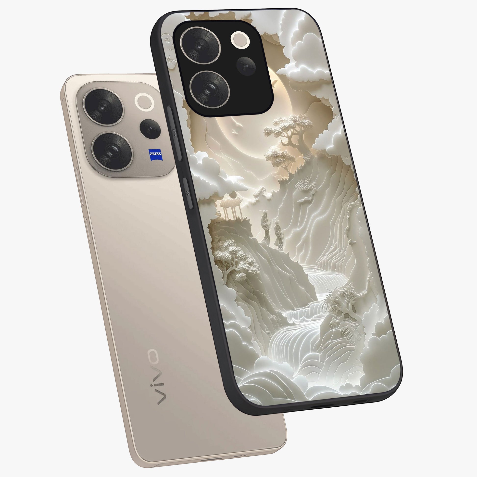 Celestial Origami Glass Case displayed in angled mockup highlighting geometric origami design with cosmic aesthetic theme.