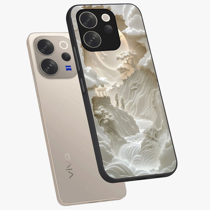 Celestial Origami Glass Case displayed in angled mockup highlighting geometric origami design with cosmic aesthetic theme.