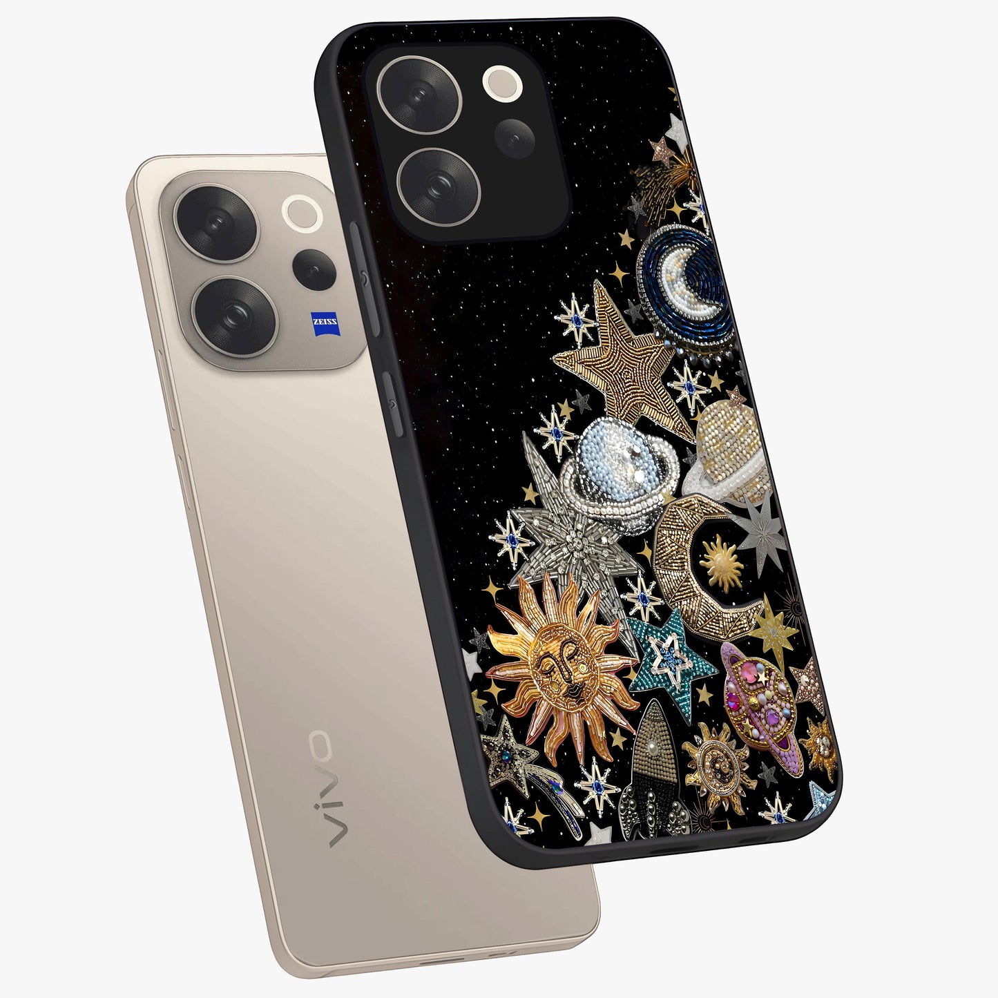 Cosmic Sparkle Dreams Glass Case displayed in angled mockup highlighting dreamy star sparkle design with celestial aesthetic.
