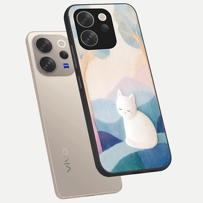 Cotton Dream Cat Glass Case displayed in angled mockup highlighting cute feline illustration with pastel aesthetic style.