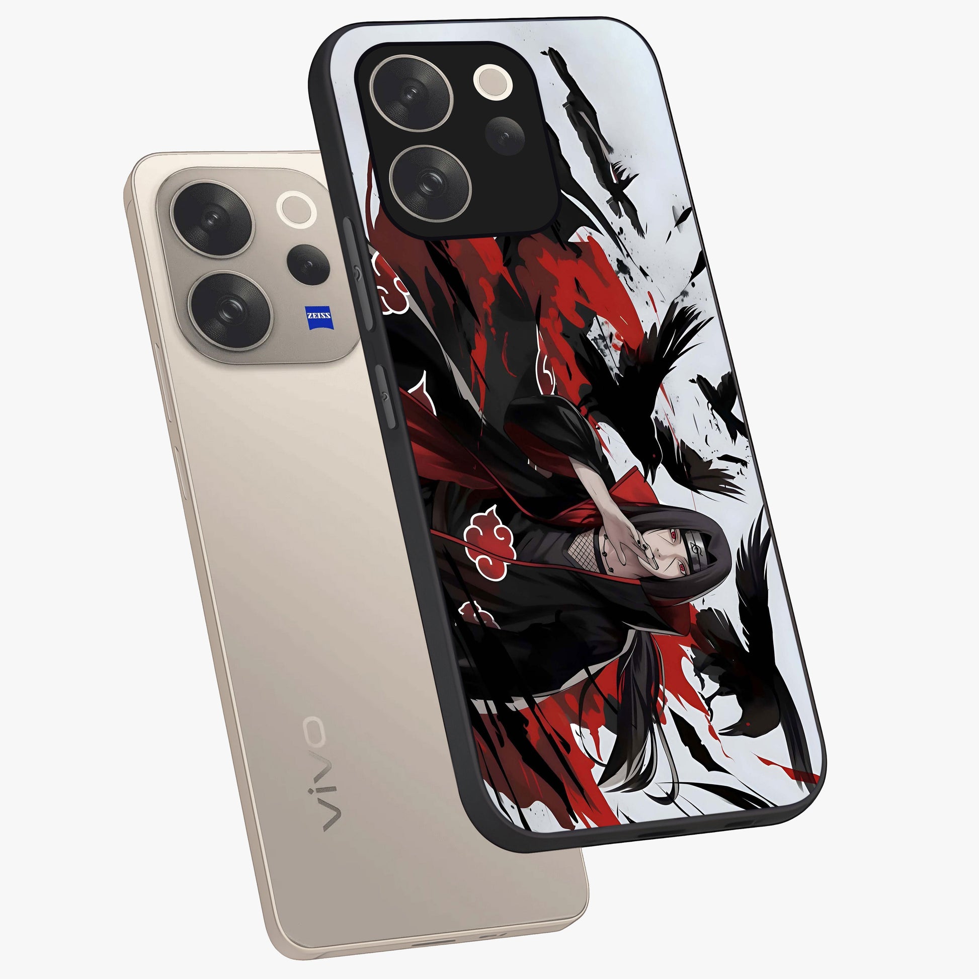 Crimson Crow Illusion Glass Case displayed in angled mockup highlighting mysterious crow graphic with dark aesthetic style.
