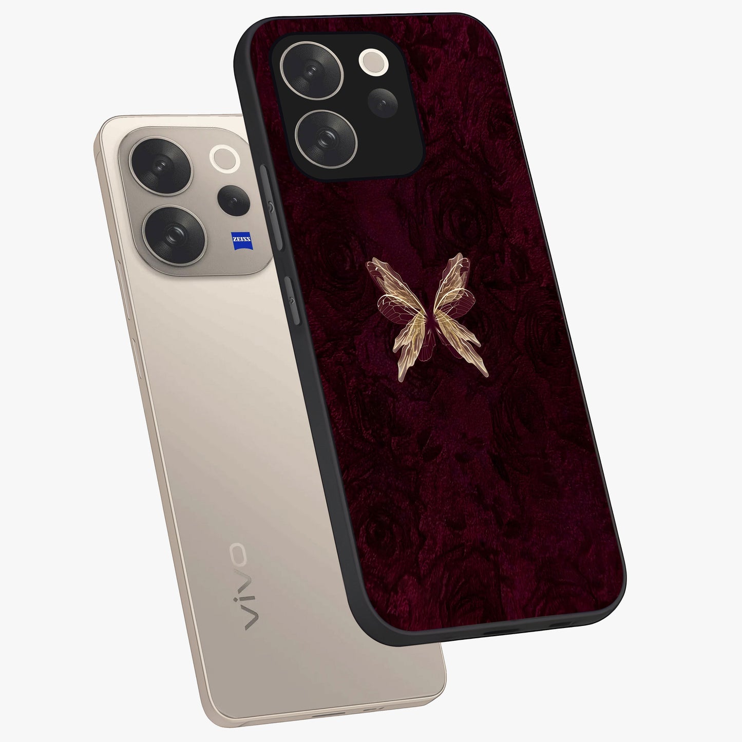 Crimson Fade Butterfly Glass Case displayed in angled mockup highlighting elegant butterfly design with crimson gradient aesthetic.