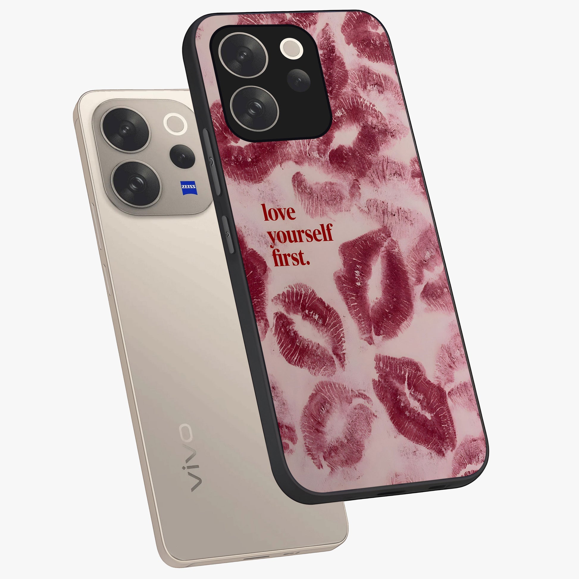 Crimson Kiss Love Glass Case displayed in angled mockup highlighting bold love inspired design with modern aesthetic style.