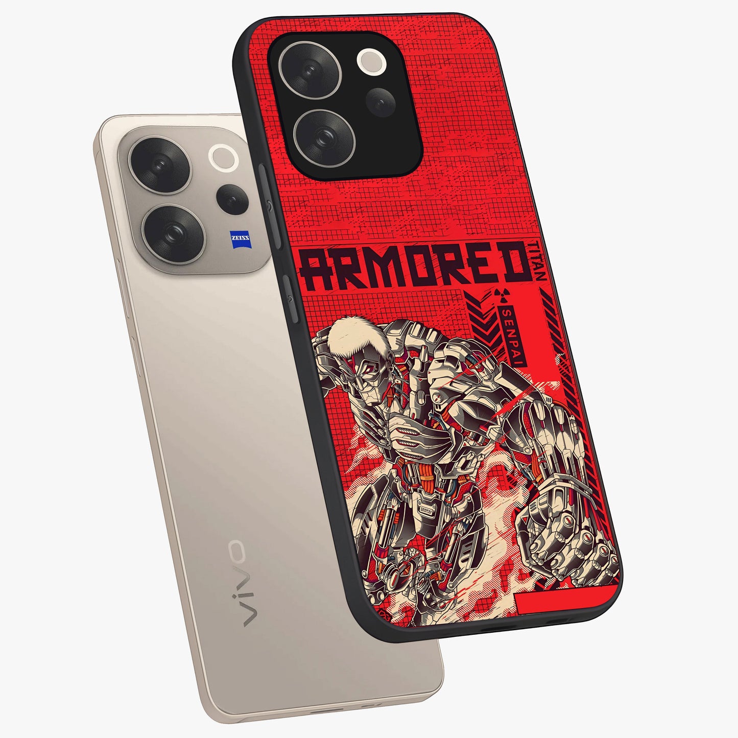 Crimson Mecha Titan Glass Case displayed in angled mockup highlighting futuristic mech illustration with bold crimson aesthetic.