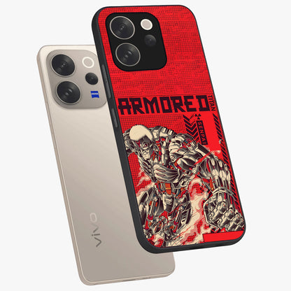 Crimson Mecha Titan Glass Case displayed in angled mockup highlighting futuristic mech illustration with bold crimson aesthetic.