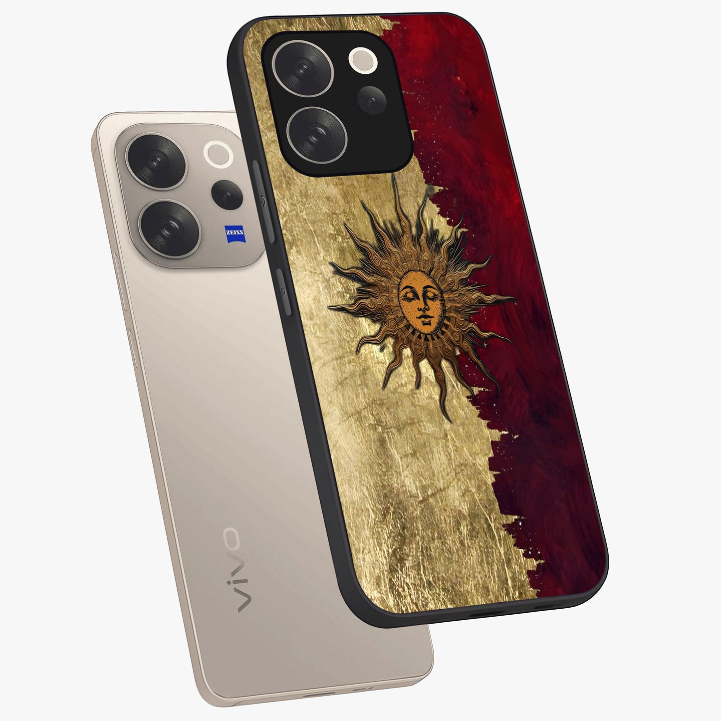 Crimson Sun Majesty Glass Case displayed in angled mockup highlighting majestic crimson sun design with bold aesthetic style.