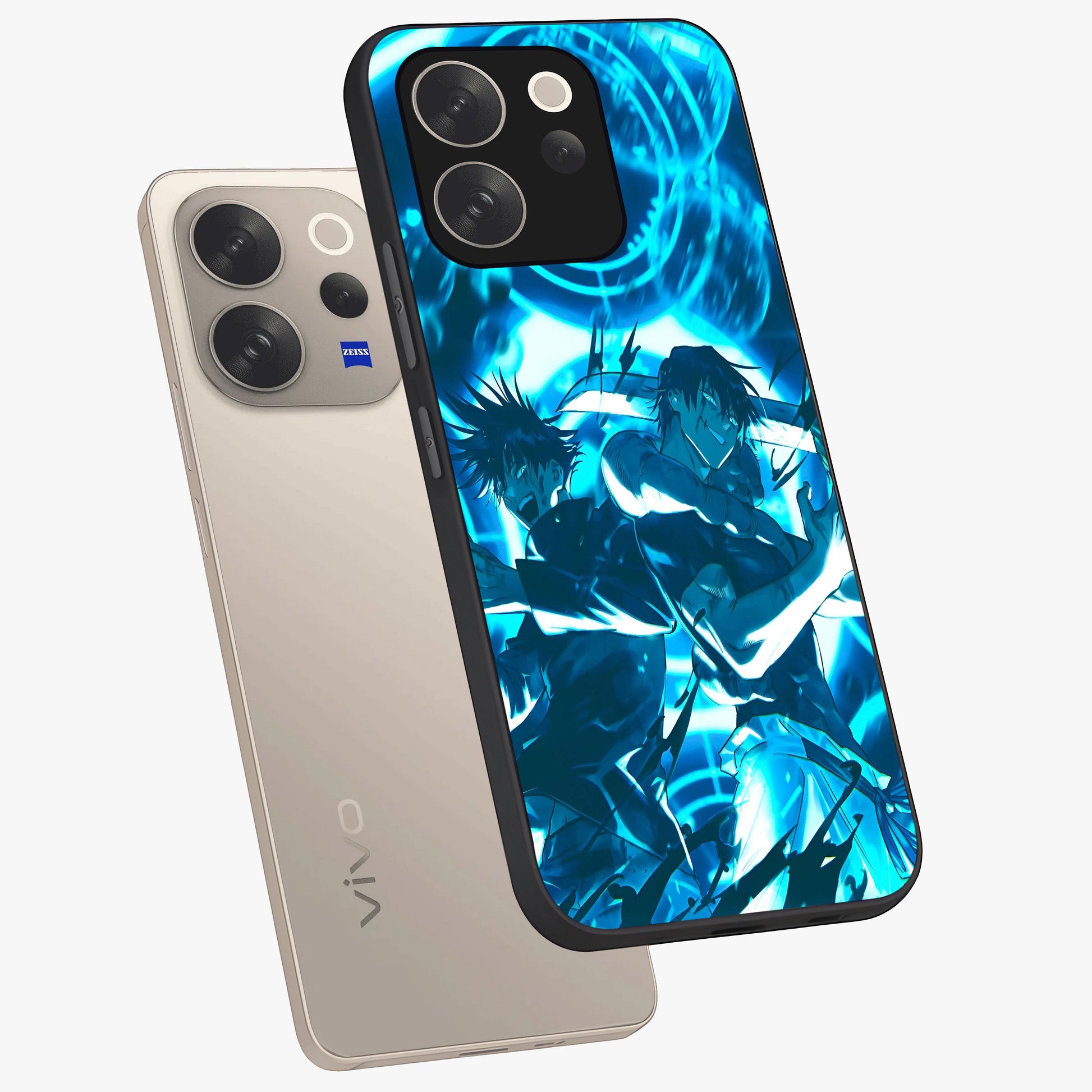 Cursed Energy Clash Glass Case displayed in angled mockup highlighting powerful battle inspired graphic with anime style aesthetic.