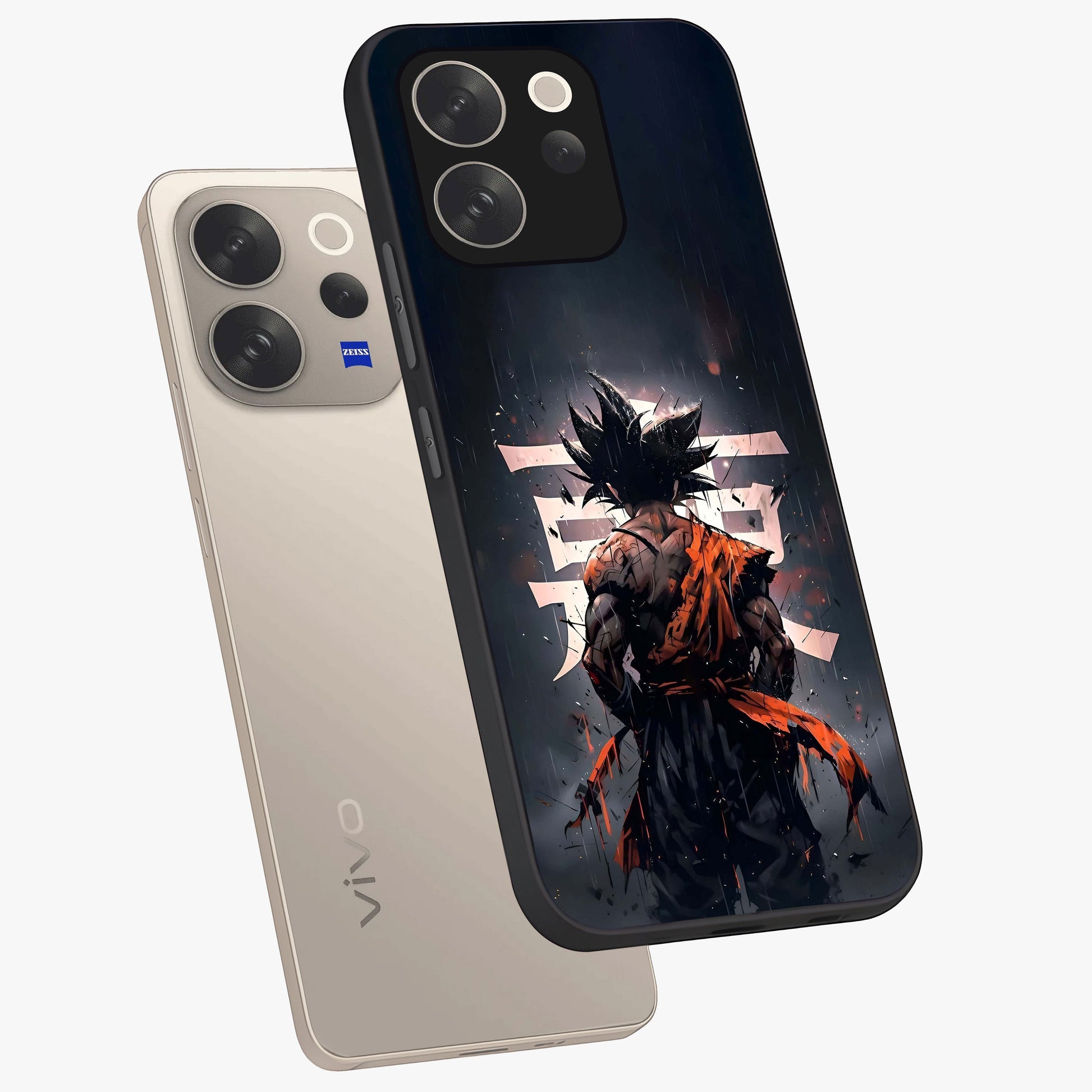Dark Warrior In Rain Glass Case displayed in angled mockup highlighting dramatic warrior illustration with dark rain aesthetic.