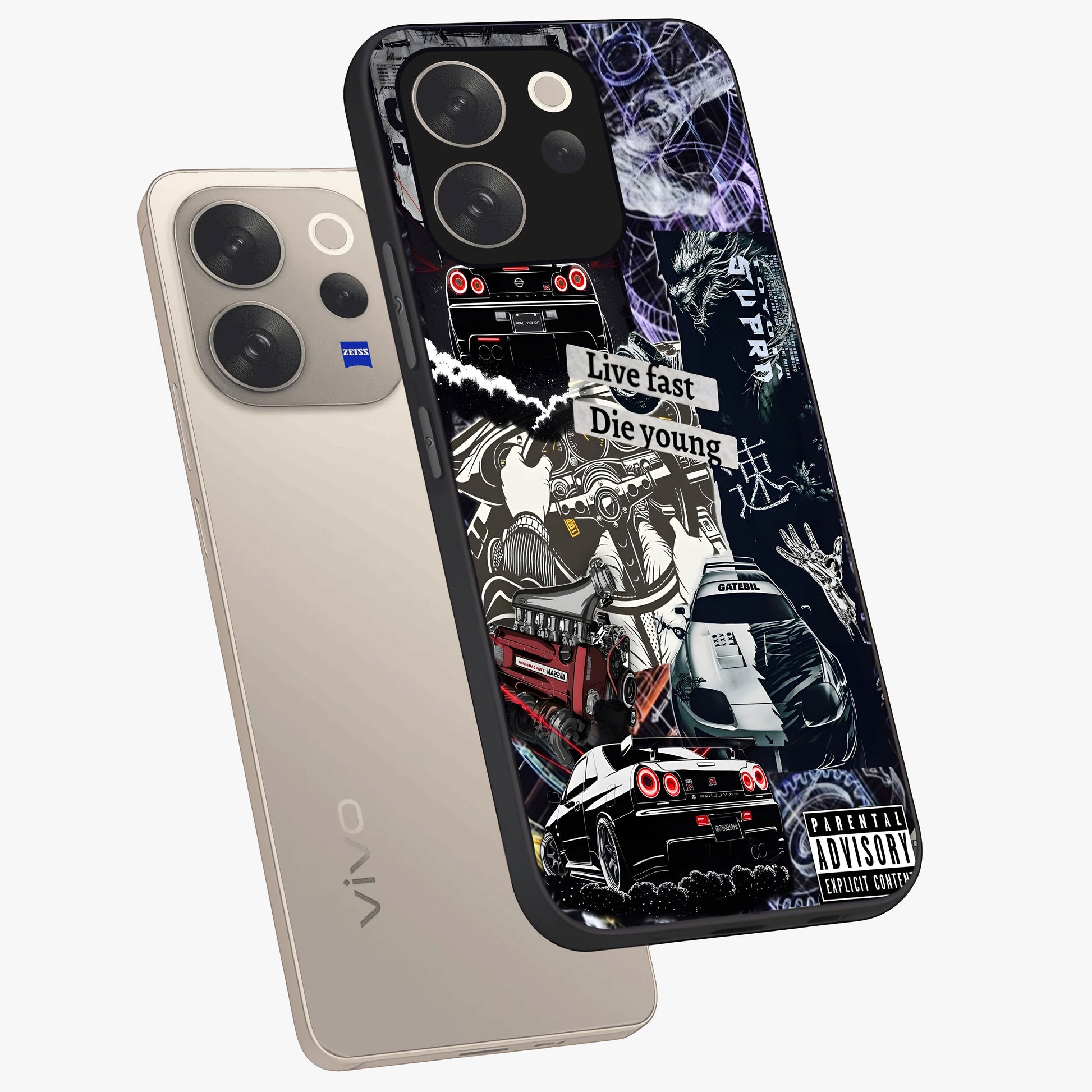 Die Young Glass Case displayed in angled mockup highlighting expressive graphic artwork with edgy aesthetic style.