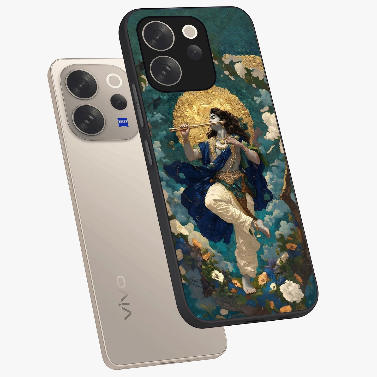 Divine Krishna Art Glass Case displayed in angled mockup highlighting spiritual Krishna illustration with devotional aesthetic.