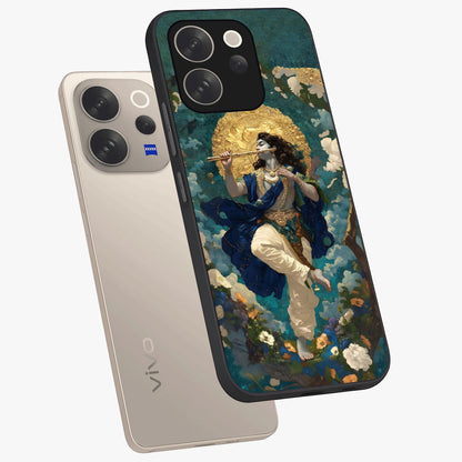 Divine Krishna Art Glass Case displayed in angled mockup highlighting spiritual Krishna illustration with devotional aesthetic.