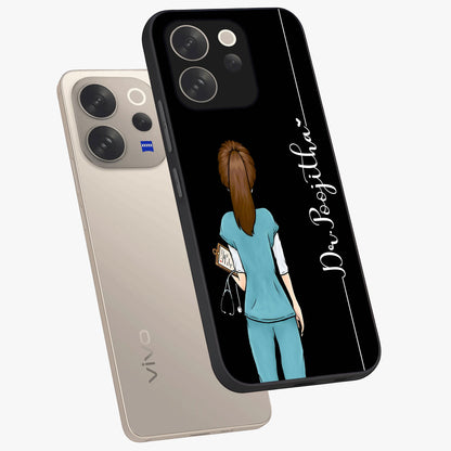 Doctor Pattern Custom Name Glass Case displayed in angled mockup highlighting doctor inspired artwork with custom name feature.