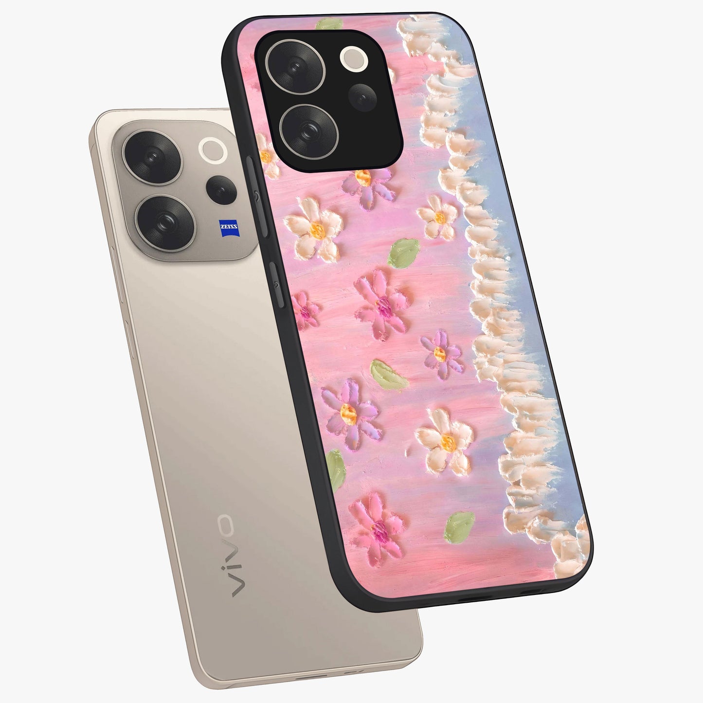Dreamy Painted Garden Glass Case displayed in angled mockup highlighting colorful garden illustration with dreamy aesthetic style.