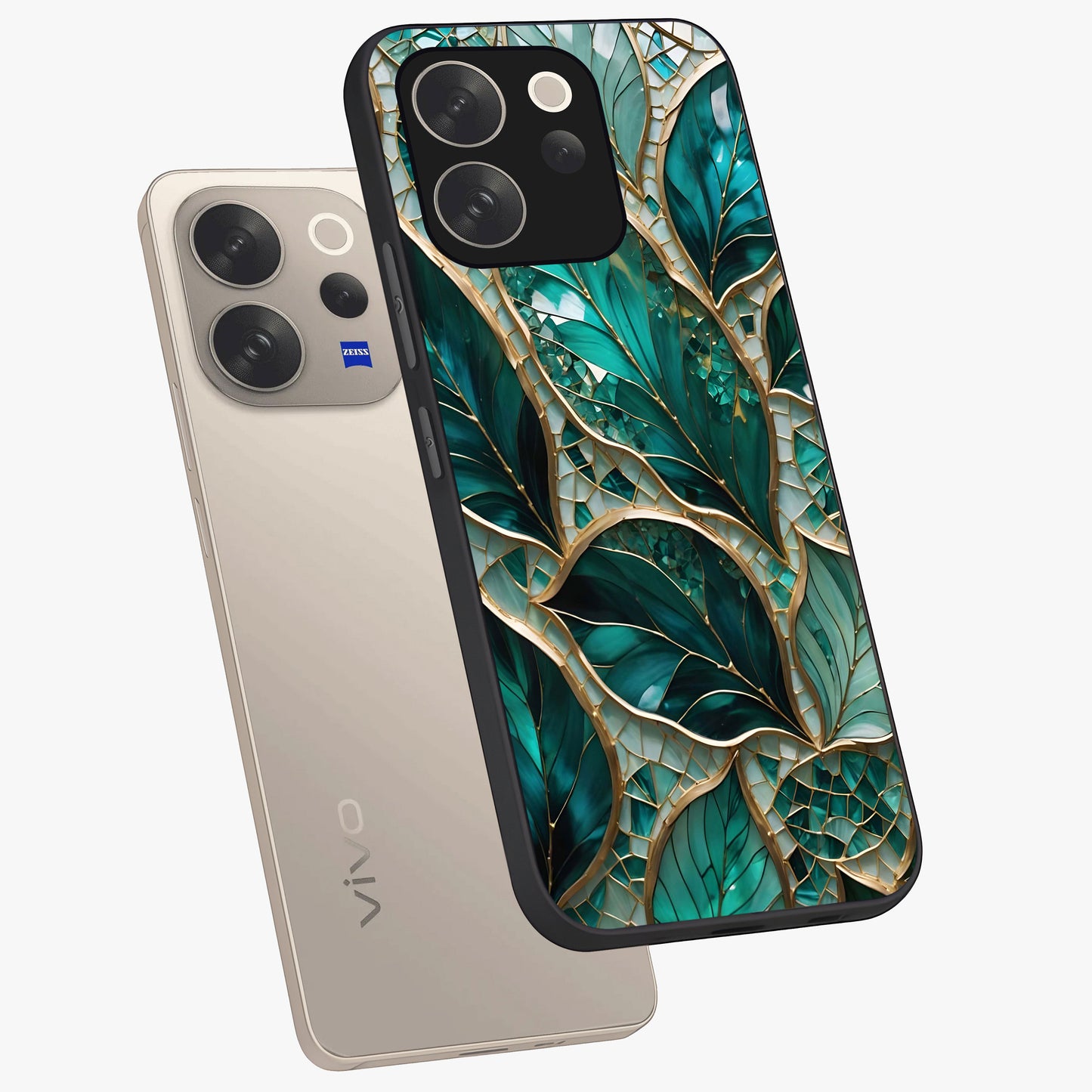 Emerald Leaf Glass Glass Case displayed in angled mockup highlighting botanical leaf illustration with elegant natural aesthetic.