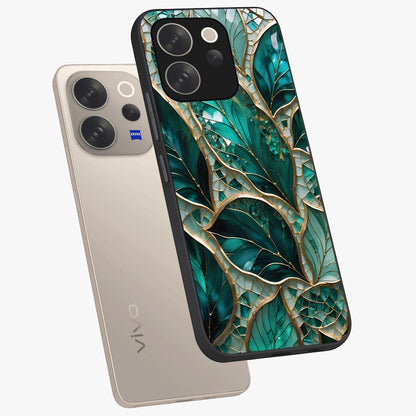 Emerald Leaf Glass Glass Case displayed in angled mockup highlighting botanical leaf illustration with elegant natural aesthetic.