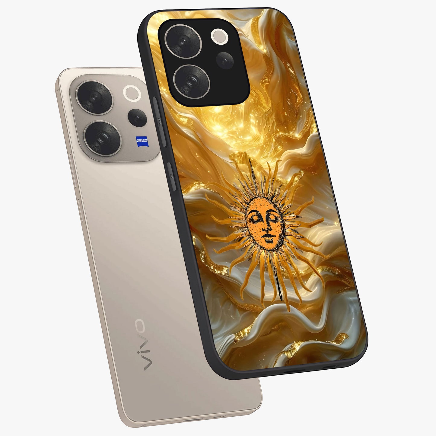 Eternal Golden Glow Glass Case displayed in angled mockup highlighting glowing golden aesthetic design with elegant style.