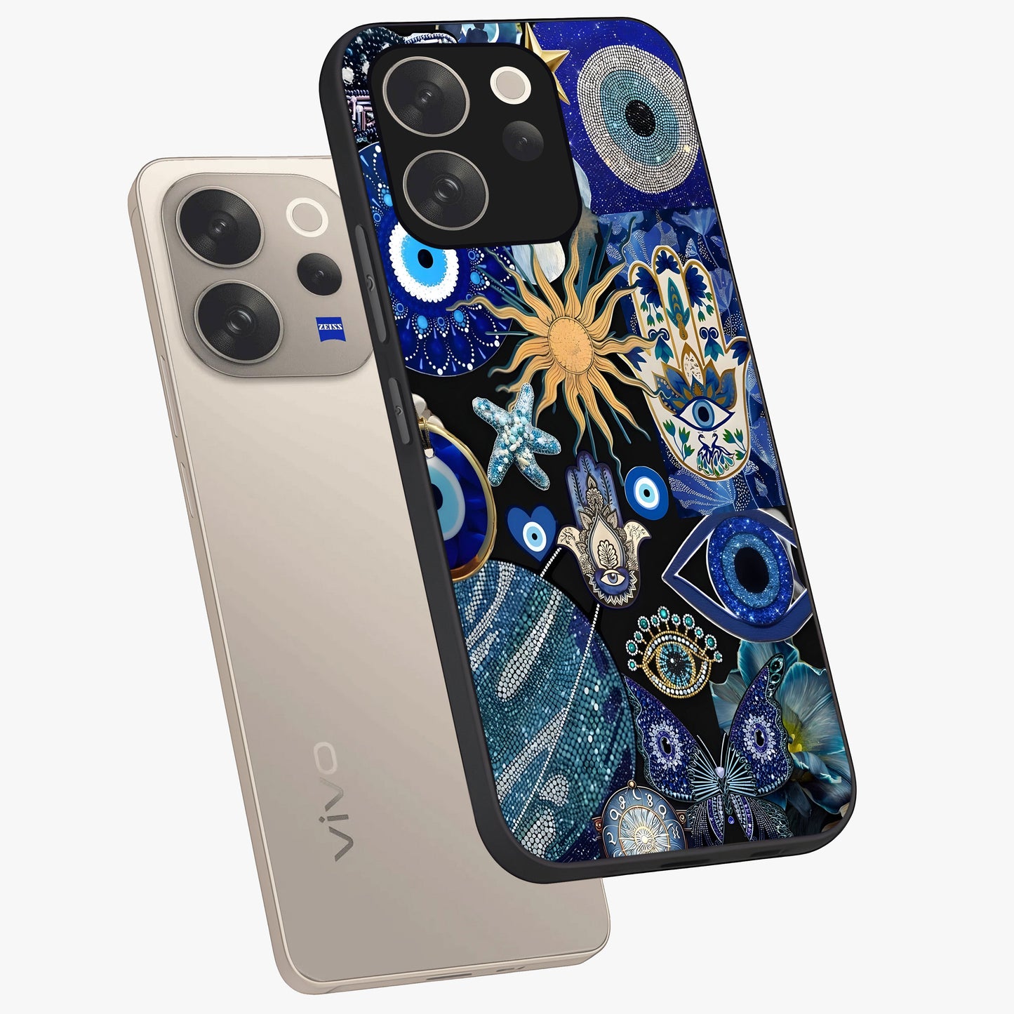 Evil Eye Charm Mix Glass Case displayed in angled mockup highlighting protective evil eye symbols with spiritual aesthetic design.