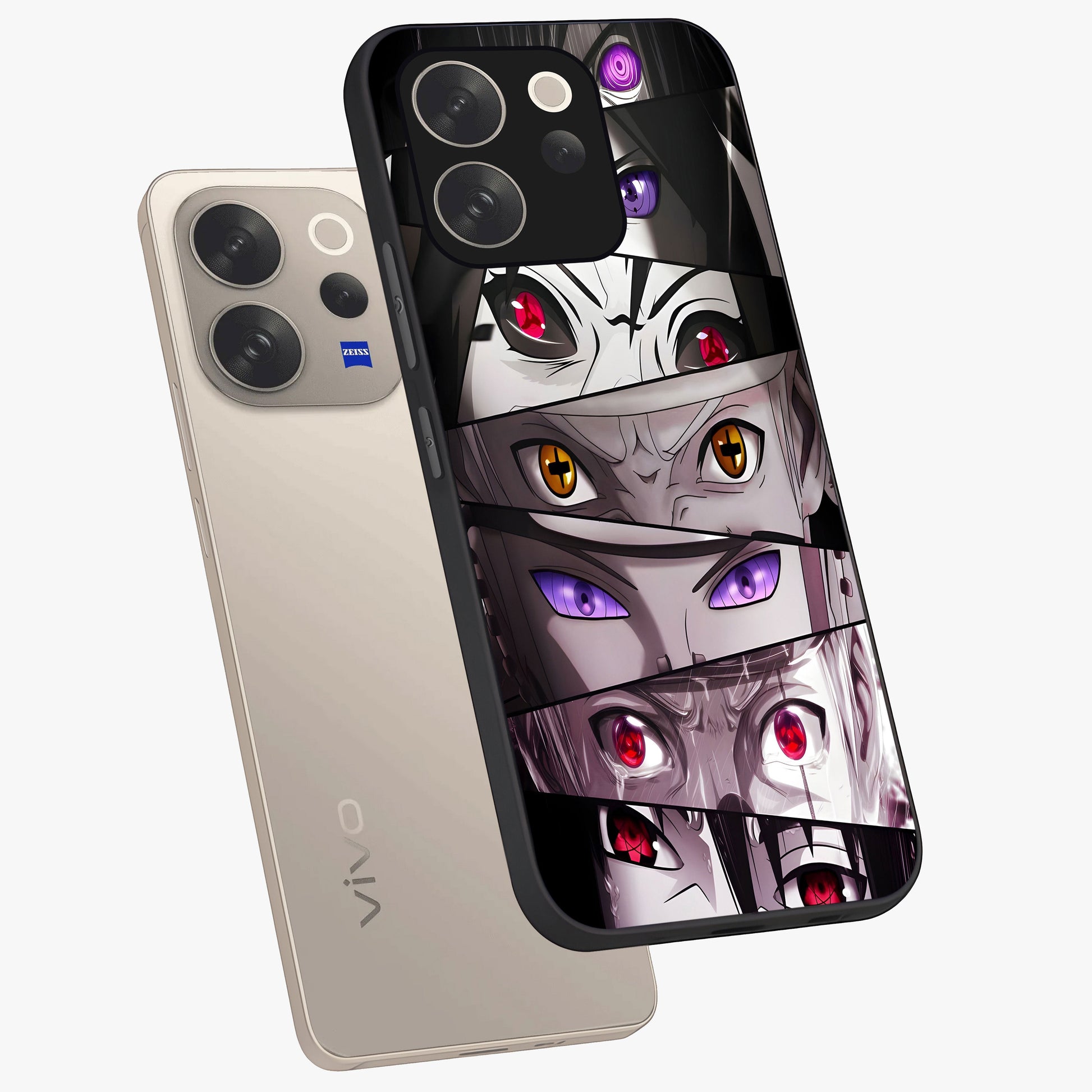 Eyes of Destiny Glass Case displayed in angled mockup highlighting bold eye illustration with mystical aesthetic style.