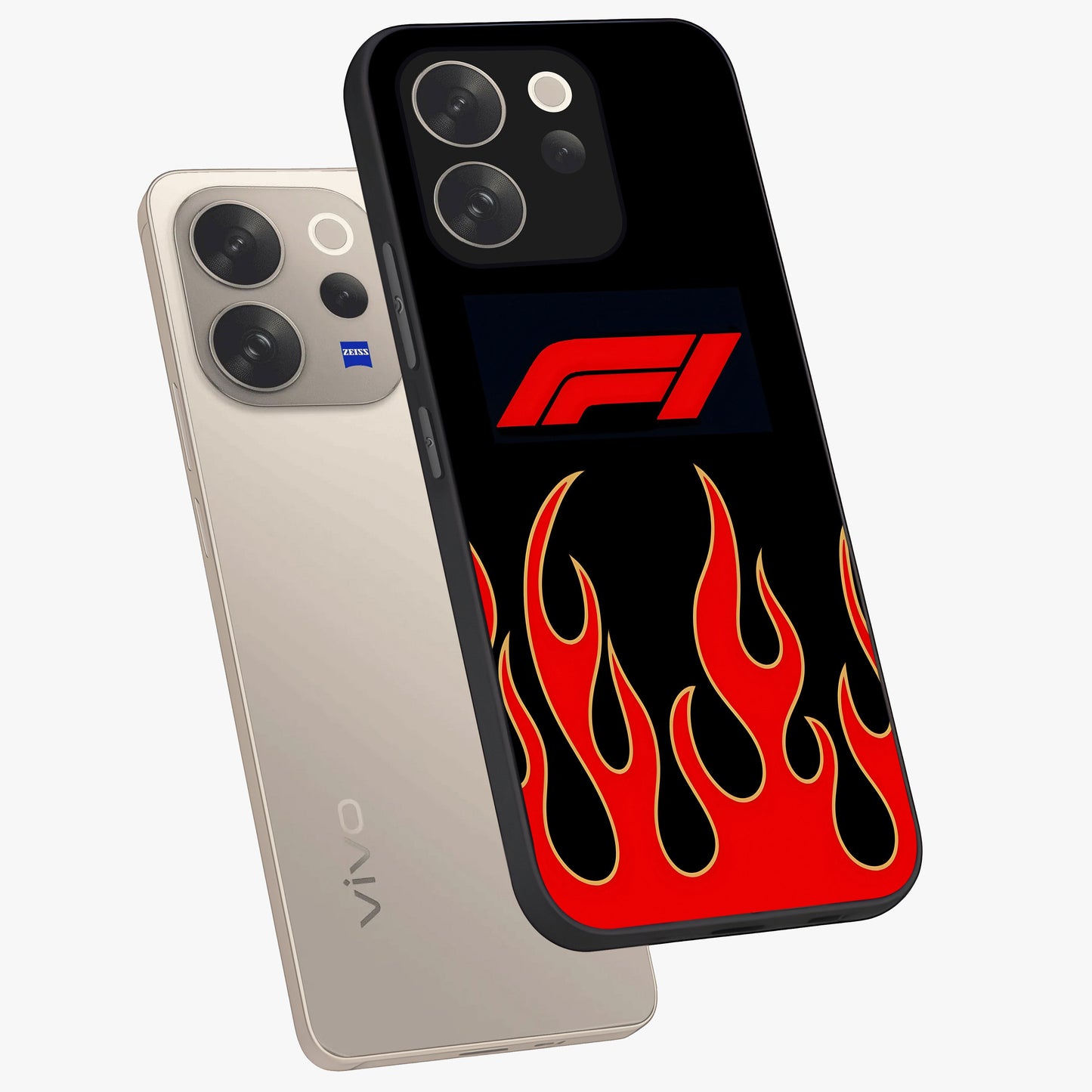Fire F11 Glass Case displayed in angled mockup highlighting bold fire inspired graphic with energetic aesthetic style.