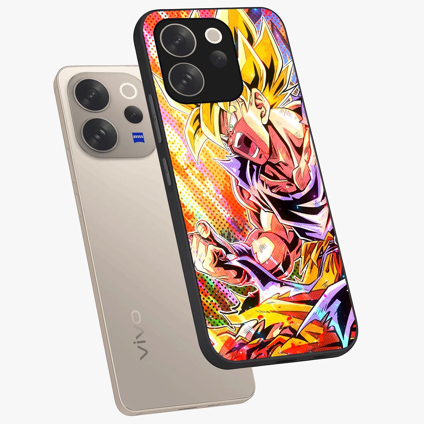Firing Goku Glass Case displayed in angled mockup highlighting dynamic anime character design with action aesthetic.
