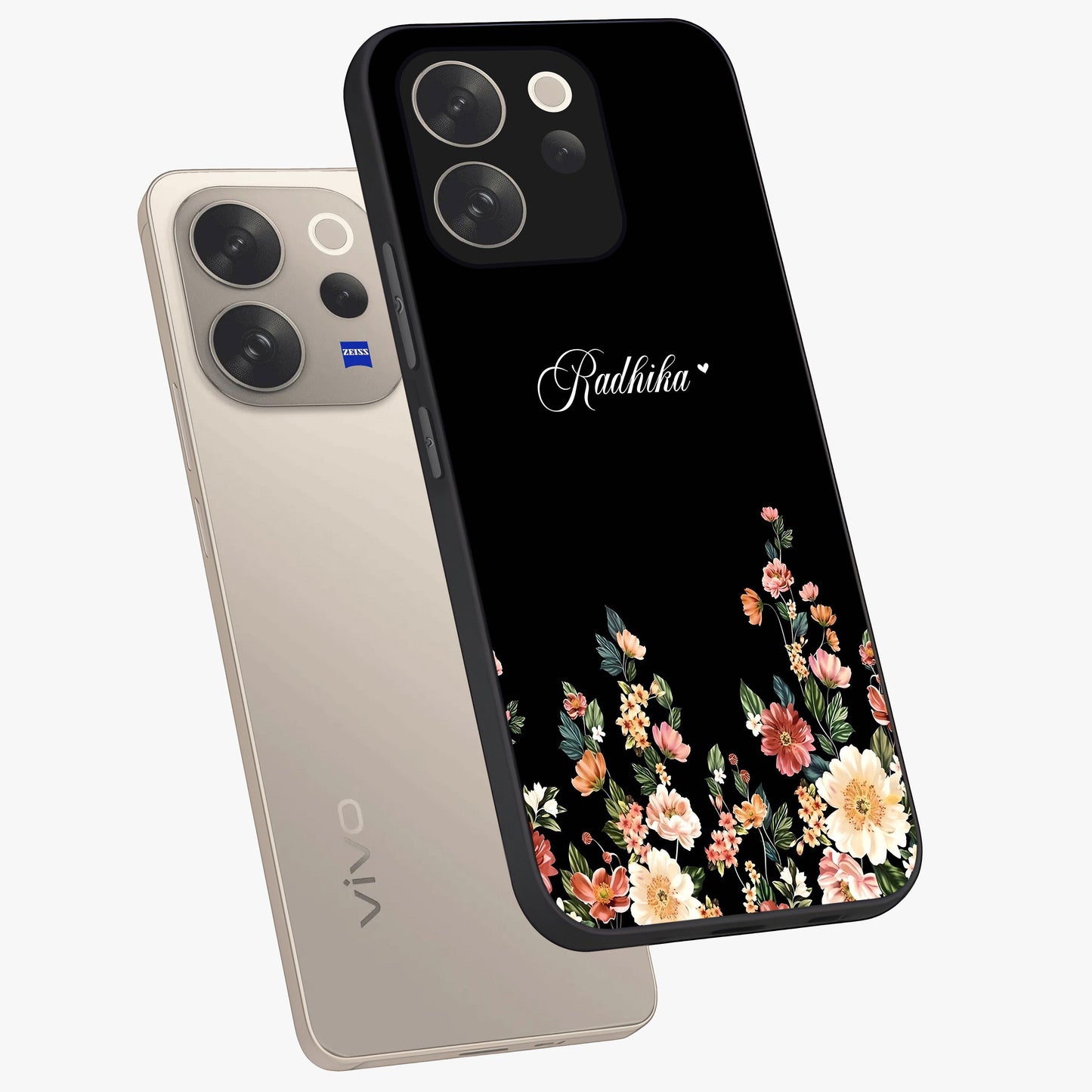 Floral Design With a Custom Personalized Name Glass Case displayed in angled mockup highlighting elegant floral pattern with custom name feature.