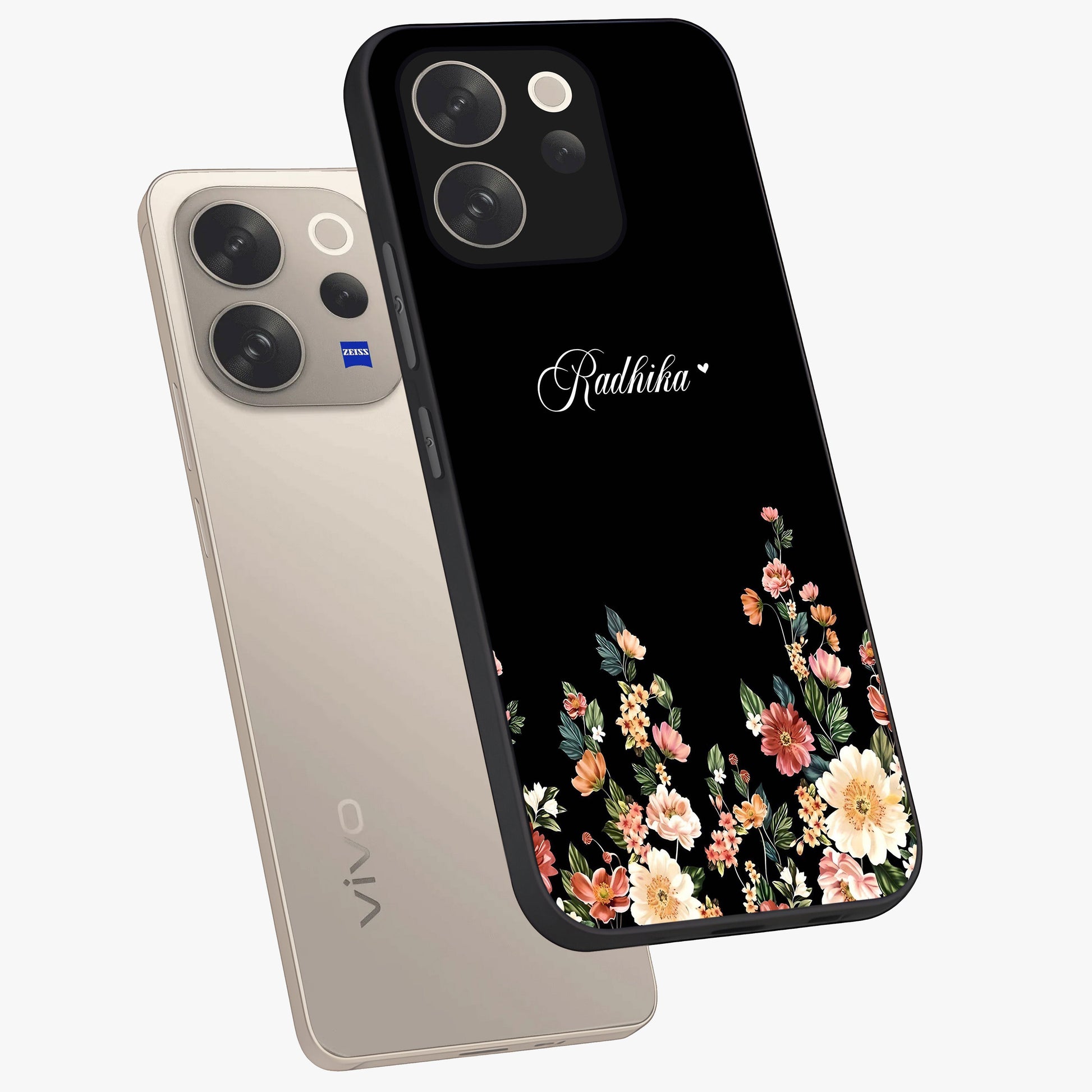 Floral Design With a Custom Personalized Name Glass Case displayed in angled mockup highlighting elegant floral pattern with custom name feature.