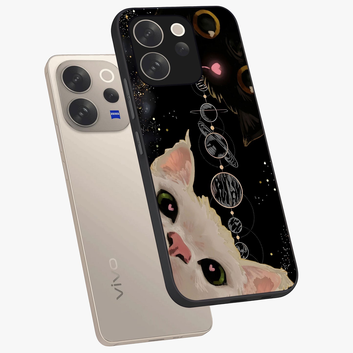 Galactic Cat Glass Case displayed in angled mockup highlighting celestial feline illustration with galaxy aesthetic style.