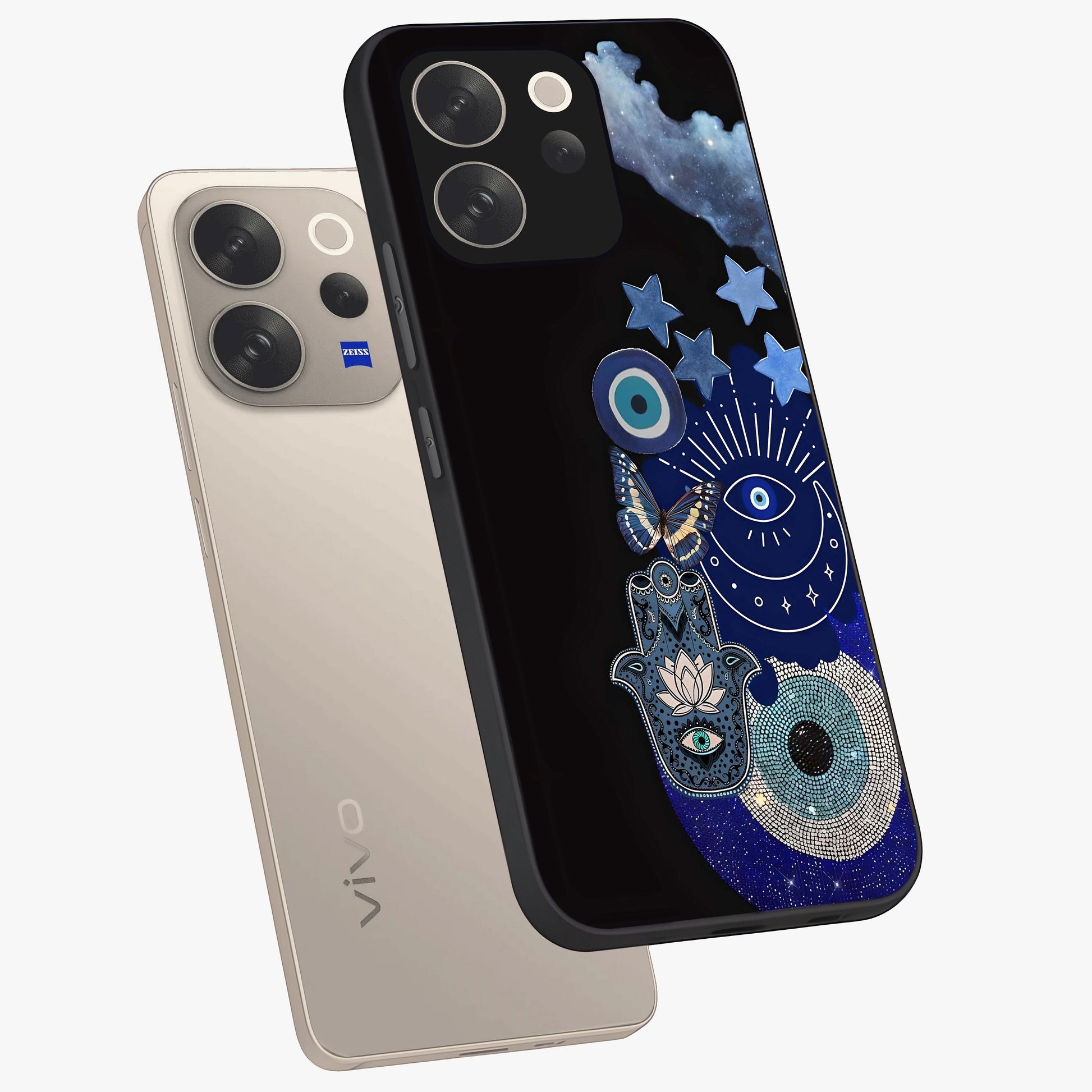 Galactic Charm Cluster Glass Case displayed in angled mockup highlighting luminous galaxy inspired design with dreamy aesthetic.