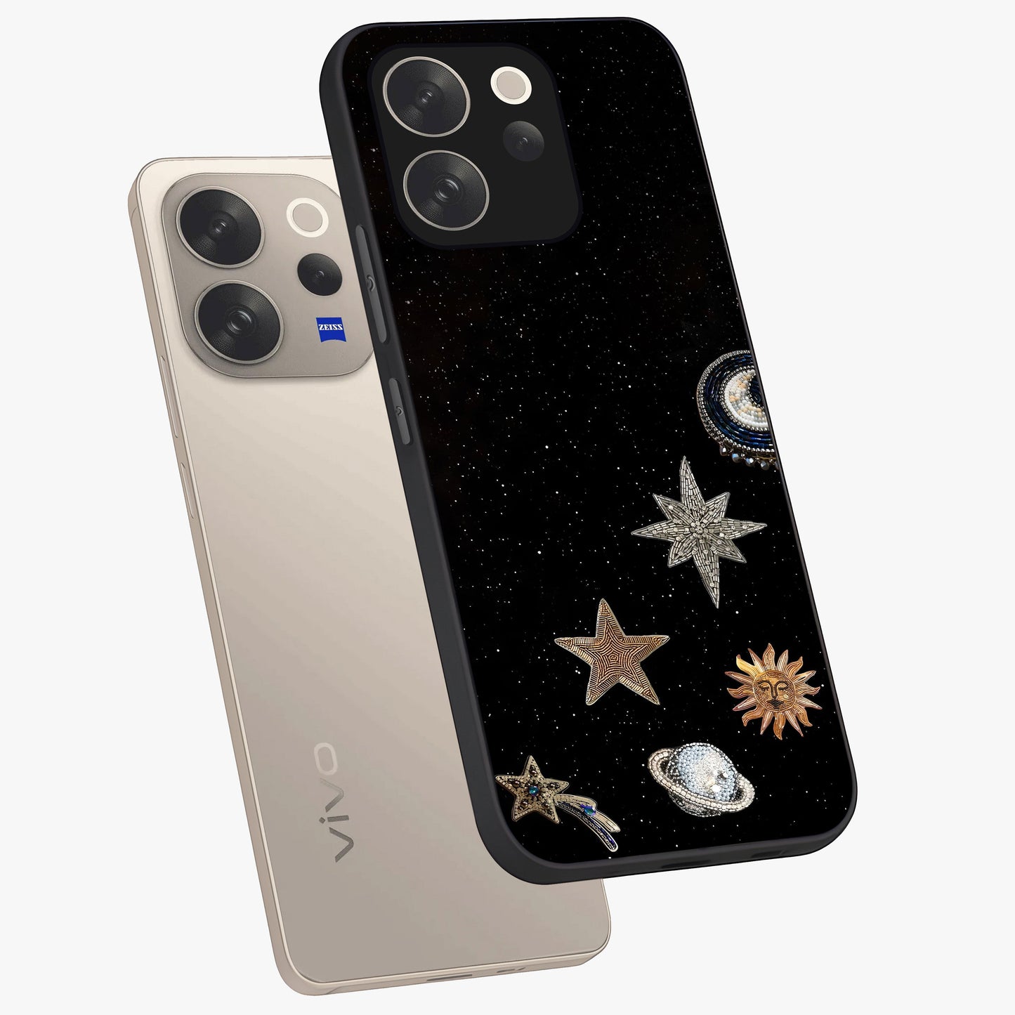 Galactic Charm Glow Glass Case displayed in angled mockup highlighting luminous galaxy inspired design with dreamy aesthetic.