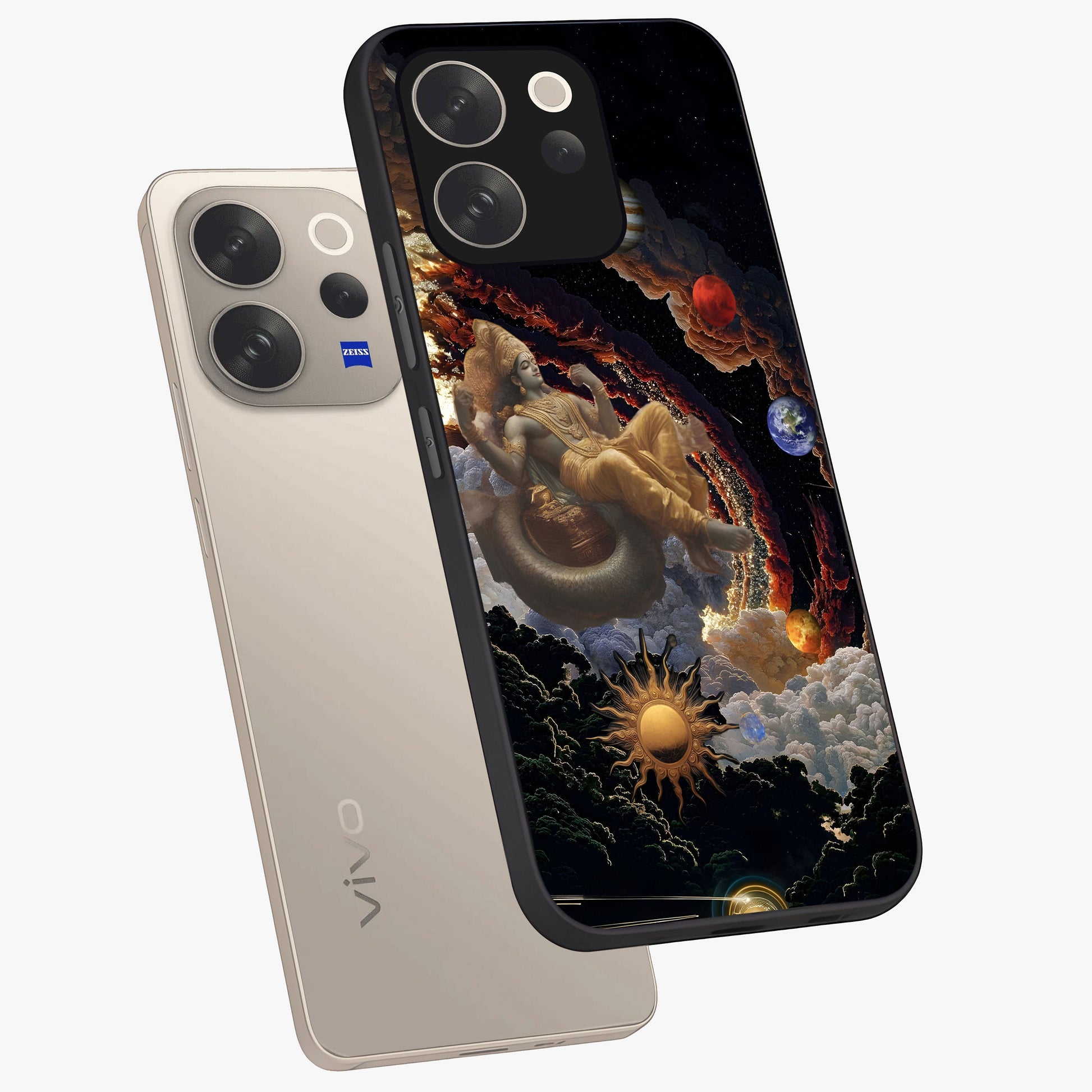 Galactic Divine God Glass Case displayed in angled mockup highlighting powerful celestial deity illustration with galactic aesthetic.