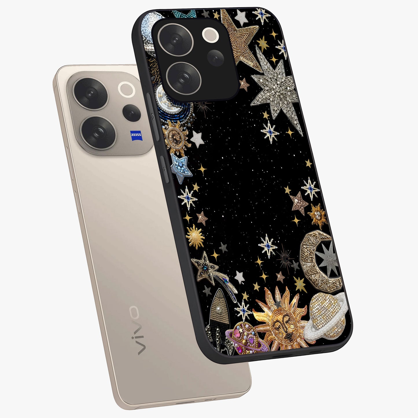 Galactic Jewel Stars Glass Case displayed in angled mockup highlighting shining celestial star design with cosmic aesthetic style.