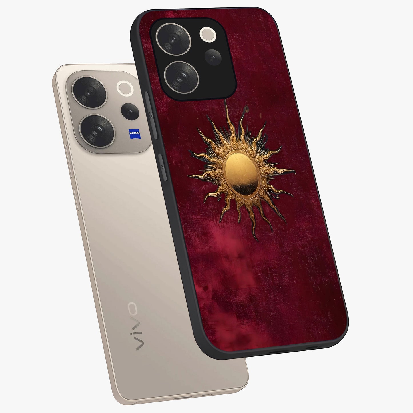 Golden Sun Minimalism Glass Case displayed in angled mockup highlighting clean sun symbol design with modern minimal aesthetic.