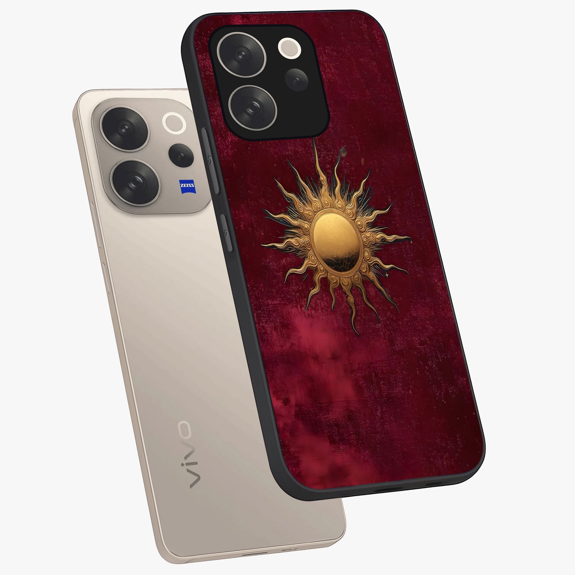 Golden Sun Minimalism Glass Case displayed in angled mockup highlighting clean sun symbol design with modern minimal aesthetic.