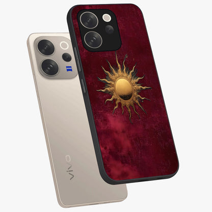 Golden Sun Minimalism Glass Case displayed in angled mockup highlighting clean sun symbol design with modern minimal aesthetic.