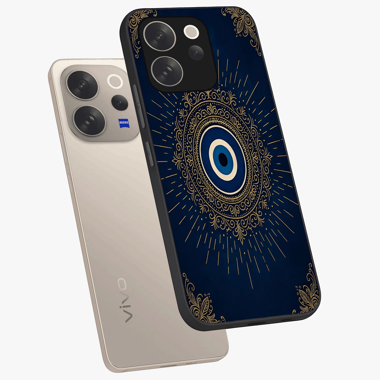 Golden Celestial Charm Glass Case displayed in angled mockup highlighting sparkling cosmic charm design with celestial aesthetic.