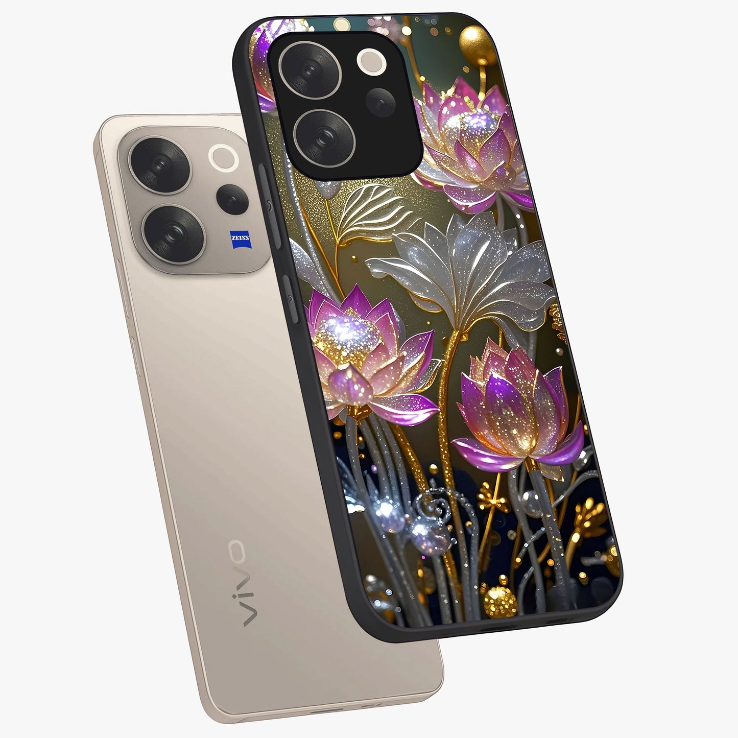 Golden Floral Majesty Glass Case displayed in angled mockup highlighting elegant flower design with royal golden aesthetic.