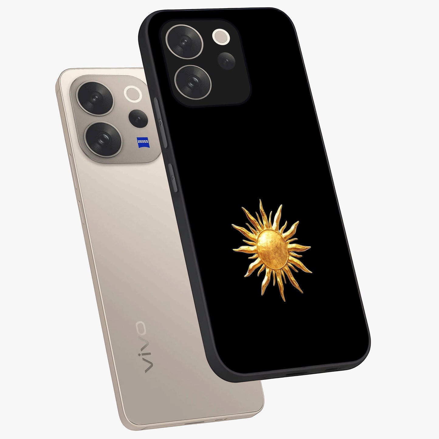 Golden Sun Minimalism Glass Case displayed in angled mockup highlighting eerie shadow illustration with gothic aesthetic.