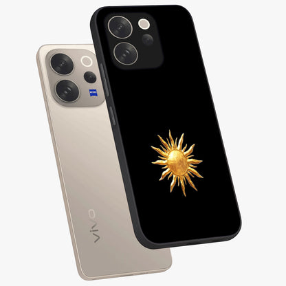 Golden Sun Minimalism Glass Case displayed in angled mockup highlighting eerie shadow illustration with gothic aesthetic.