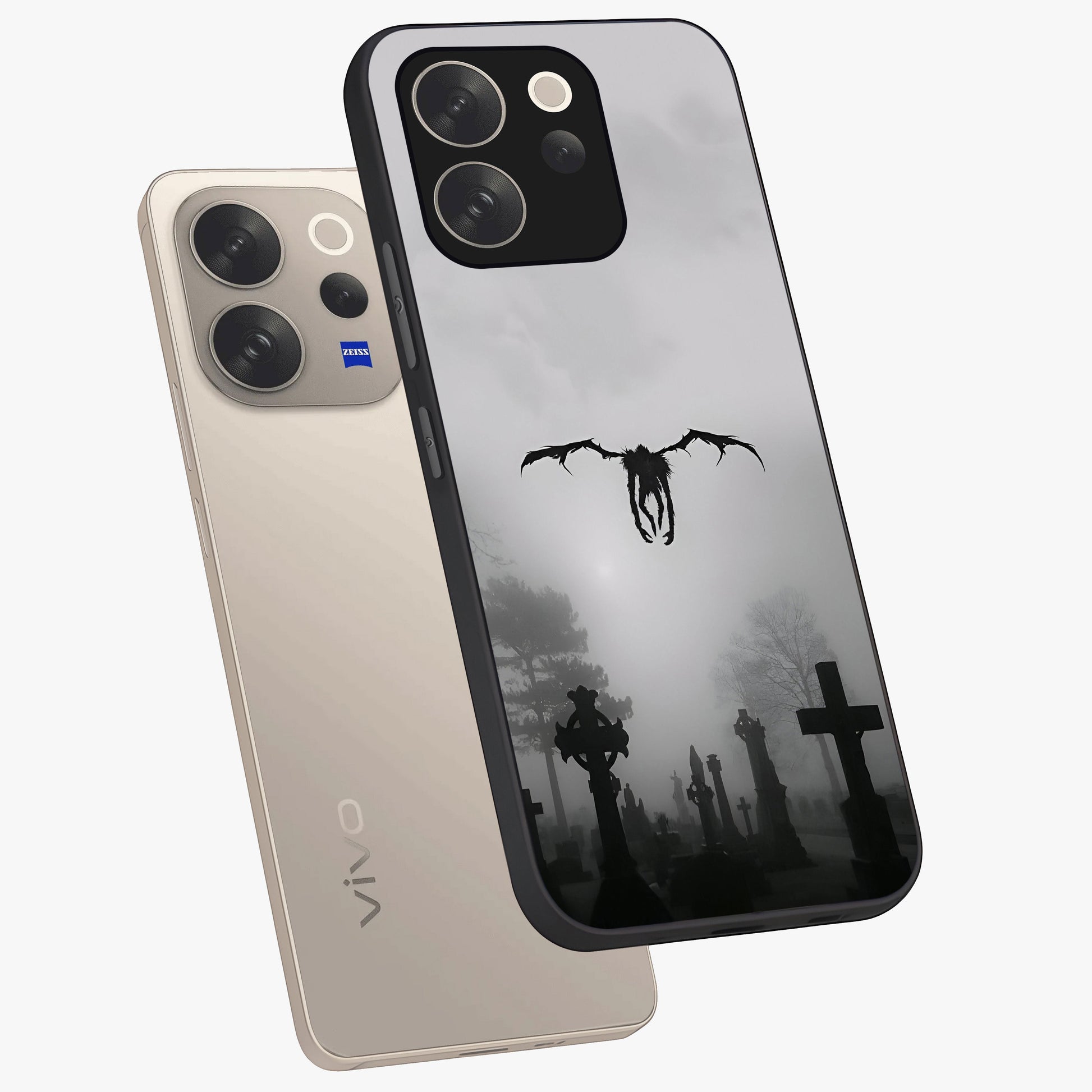Graveyard Shadow Descent Glass Case displayed in angled mockup highlighting eerie shadow illustration with gothic aesthetic.