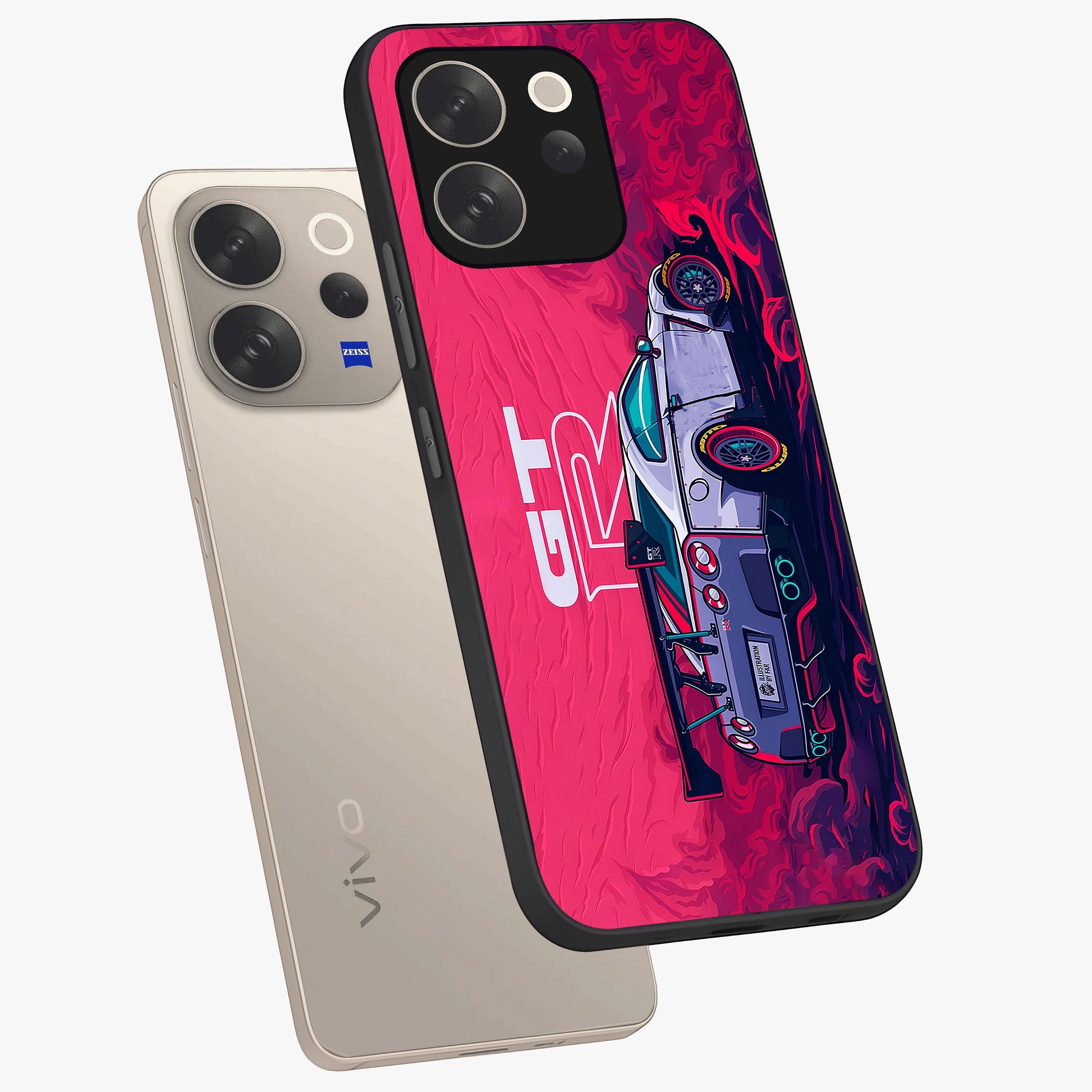 GT-R Car Pattern Glass Case displayed in angled mockup highlighting racing car graphic design with bold automotive aesthetic.